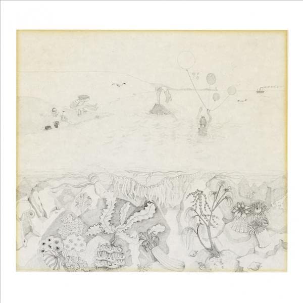 Pencil sketch showing people on a beach above and detailed underwater sea life below.