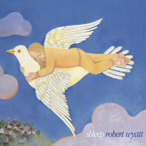 Painting of a man embracing a large white bird in a blue sky.