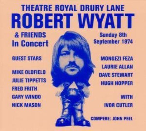 Robert Wyatt portrait on a peach-colored concert poster with guest star names.