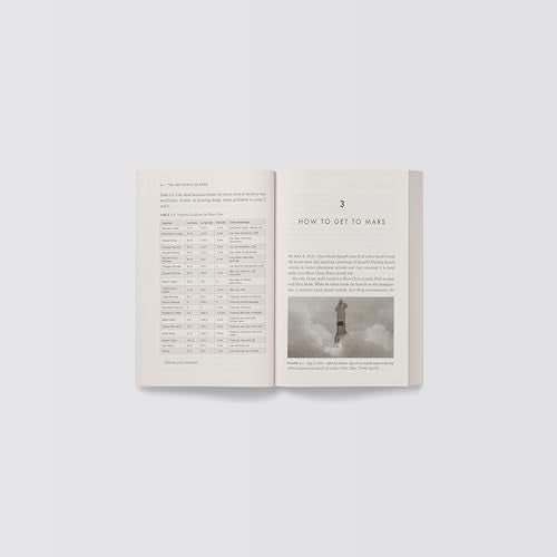 Open book showing a table of Mars locations and a photo of a rocket.