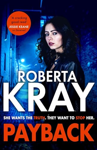 Book cover: woman in black jacket, dark alley, bold red title “Payback”.