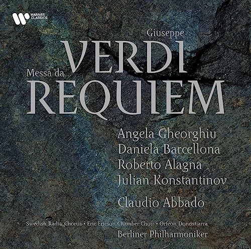 Verdi’s “Messa da Requiem” album cover featuring white text on a dark, textured background.