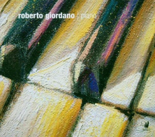 "CD cover with abstract piano key painting, 'roberto giordano piano' text in white."