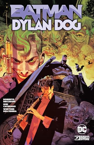 Comic book cover featuring Batman, Dylan Dog, and the Joker in a dark, illustrated scene.