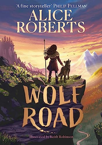 Girl and wolf stand on a rocky outcrop overlooking a landscape.