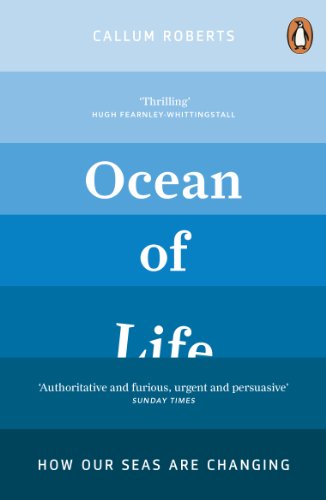 Book cover: "Ocean of Life" with layered blue and white stripes.