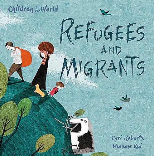 Book cover depicting children and families migrating across a hilly landscape.
