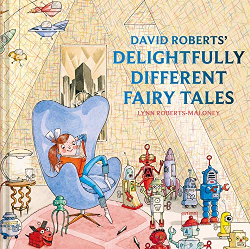 Book cover with a girl reading, surrounded by robots and fantastical vehicles.