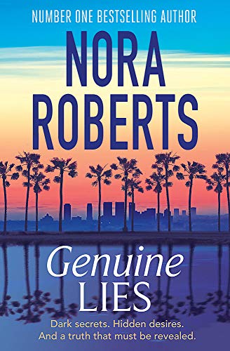 Book cover for "Genuine Lies" by Nora Roberts, with a coastal skyline.