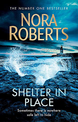Book cover: stormy seascape with lighthouse, title “Shelter in Place” in gold.