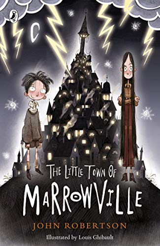 Book cover: illustrated town with two children under stormy skies.