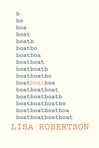 Book cover with repeated word "boat" and author name Lisa Robertson.