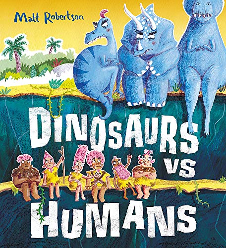 Book cover: blue dinosaurs looming over small, cartoon humans.