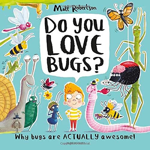 A boy stands surrounded by various colorful cartoon insects on a light blue background.