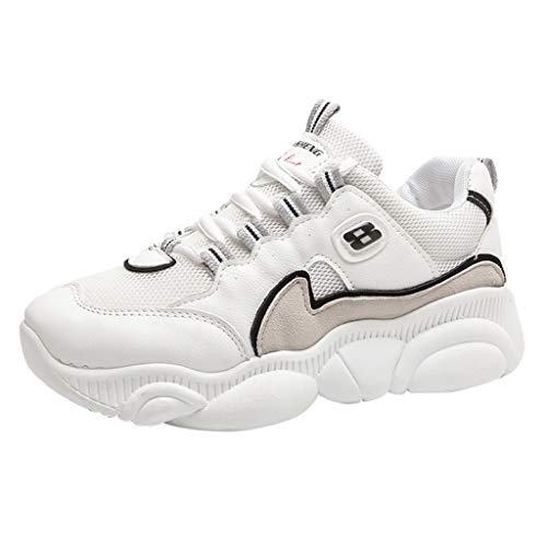 White chunky athletic sneaker with mesh panels, grey accents, and a thick rubber sole.
