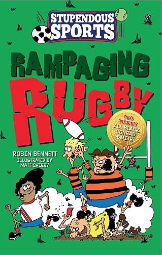 Cartoon cover of "Rampaging Rugby" book with players in action.