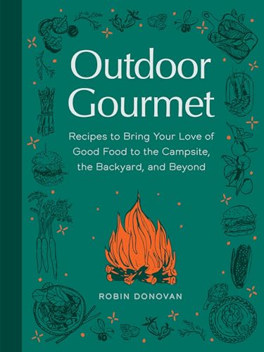 Book cover with illustrated food, campfire, and title “Outdoor Gourmet.”