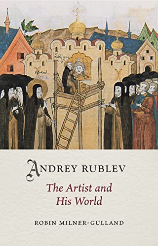 Medieval religious scene with figures and architecture, book cover for Andrey Rublev.