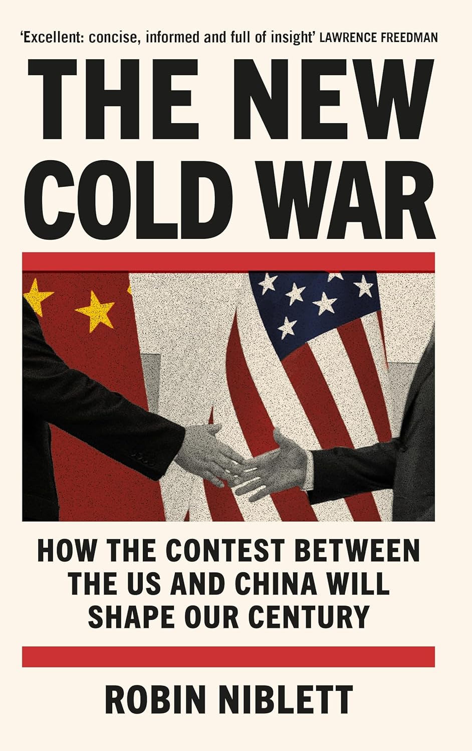 Book cover: "The New Cold War" with US and Chinese flags, handshake.