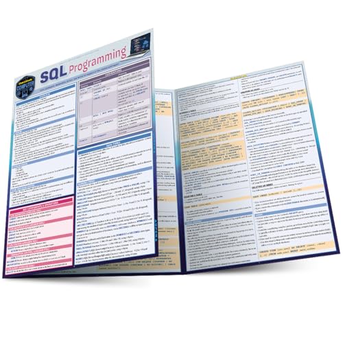 Folded reference guide for SQL programming with text and tables.