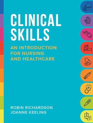 Blue book cover: "Clinical Skills" for nursing and healthcare, with icons.