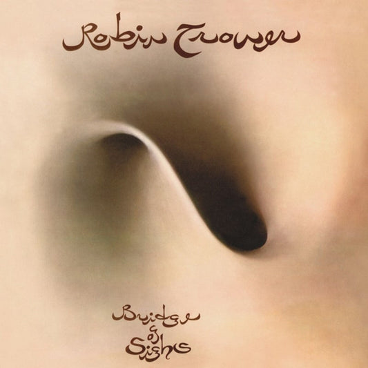 Album cover with abstract dark swirling shape on tan background and stylized brown text.