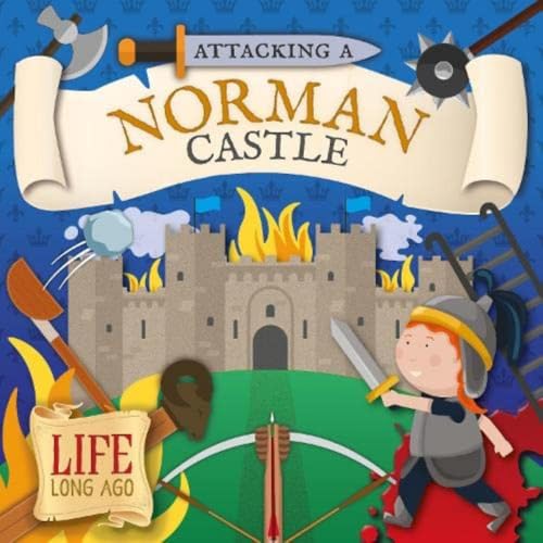 Illustration of a Norman castle under attack with medieval weapons and a soldier.