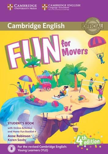 “Fun for Movers” student book cover with beach scene and colorful text.