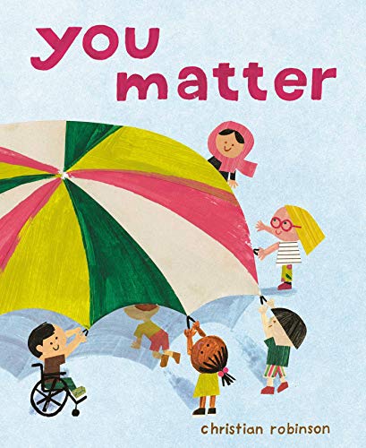 Children holding a large colorful umbrella on a light blue background, book cover art.