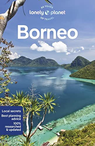 Lonely Planet Borneo travel guide cover featuring a tropical island bay with turquoise water.