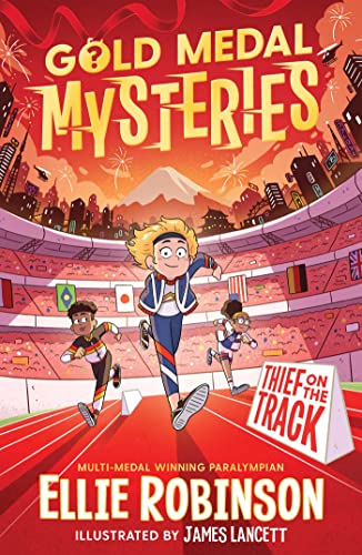 Three children running on a stadium track under a red sky with city silhouettes.