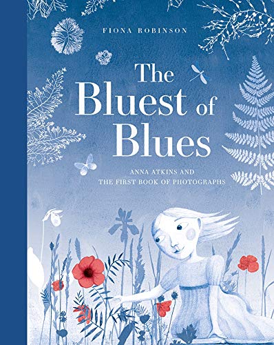 Book cover with blue text, botanical illustrations, and a girl in white.