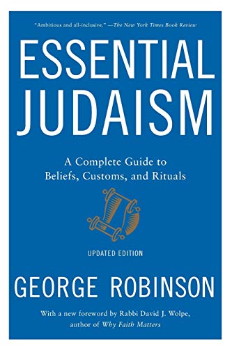 Blue book cover with white text: "Essential Judaism" and a Torah scroll illustration.