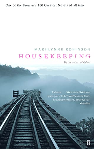 Book cover for Housekeeping by Marilynne Robinson featuring a misty railway bridge.