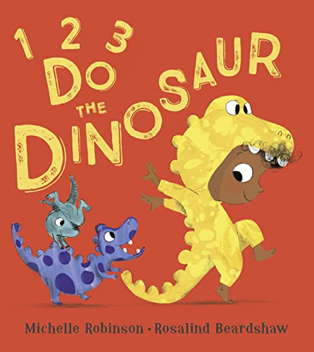 A child in a yellow dinosaur costume dances with two blue cartoon dinosaurs.