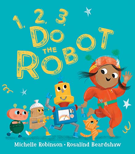 Book cover with a girl, robots, and a cat, brightly illustrated.