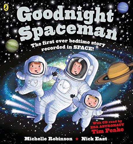 Goodnight Spaceman" book cover with astronauts and planets in space.