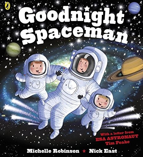 "Children's book cover featuring cartoon astronauts floating in space with planets and stars."
