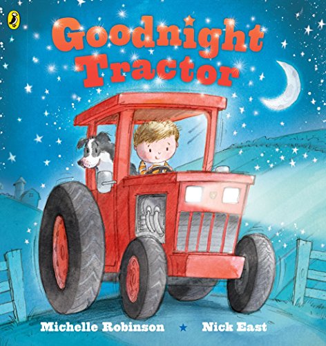 "Children's book cover showing a boy and dog on a red tractor under a starry sky."
