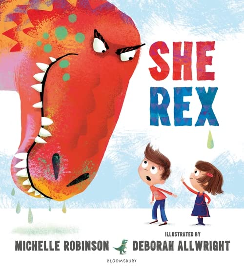Red Tyrannosaurus Rex looms over two surprised children.