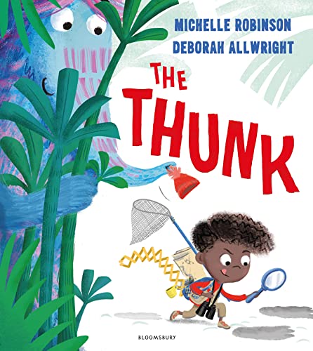 Children’s book cover with a boy, large blue creature, and bold red title.