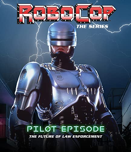 RoboCop’s metallic head and shoulders against a stormy, futuristic cityscape.