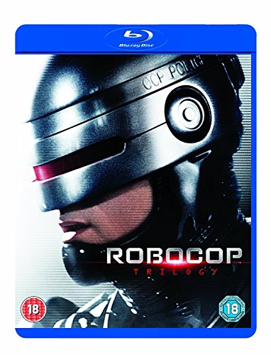 Robocop’s metallic face and shoulders on a blue Blu-ray case.