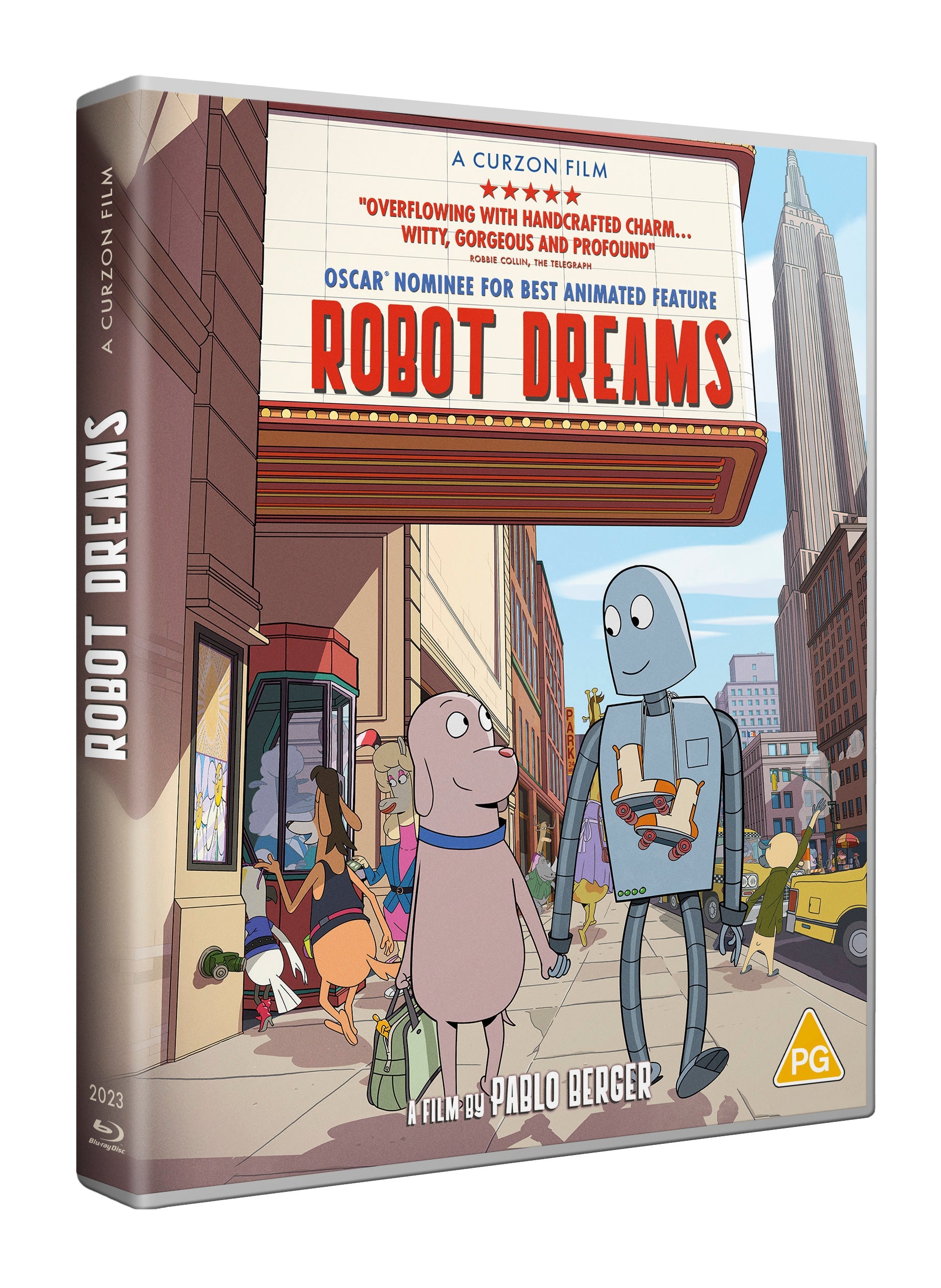 Robot Dreams" Blu-ray cover featuring a robot and dog walking in a city.