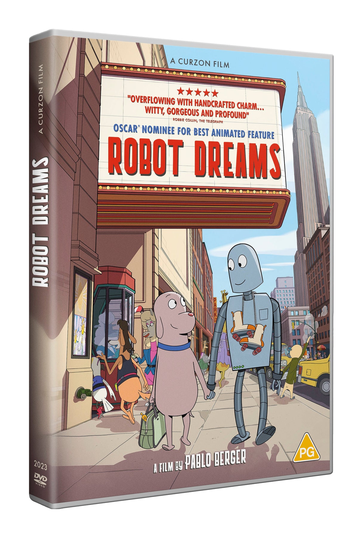 DVD cover for "Robot Dreams" featuring a robot and dog holding hands.