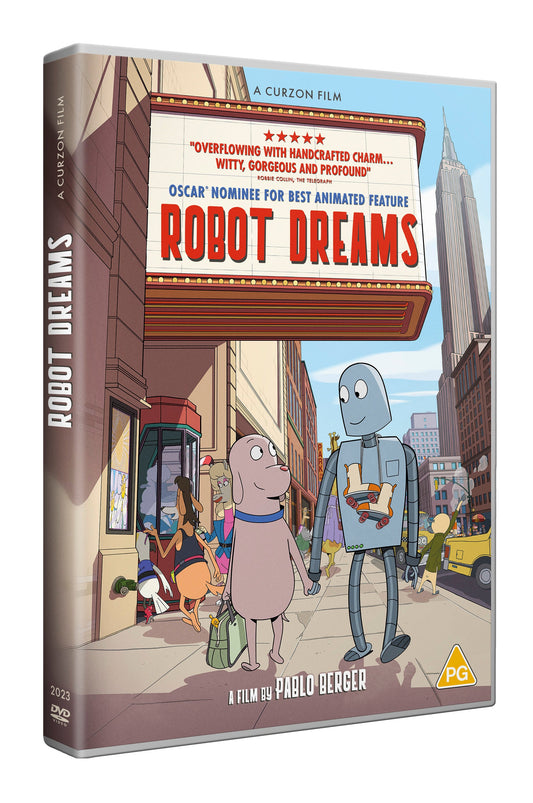 DVD cover for "Robot Dreams" featuring a robot and dog holding hands.