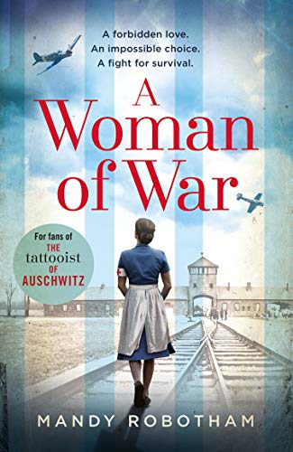 Book cover: woman in uniform stands on train tracks near a camp.