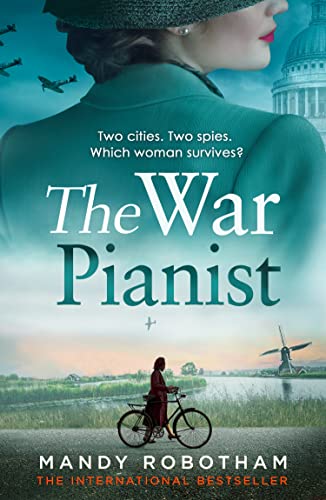 Book cover: woman’s back, wartime planes, bicycle, and windmill landscape.