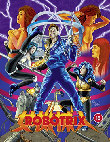 Robotrix Blu-ray cover: man in blue suit with women, robots, and lightning.