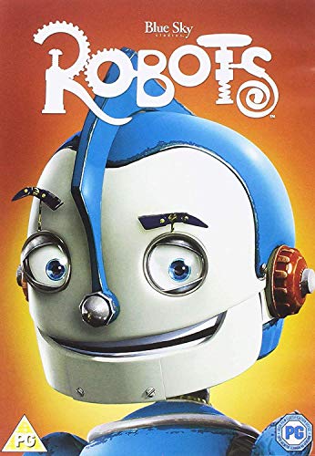 "Robots DVD cover featuring a cartoon robot with a blue and white face."
